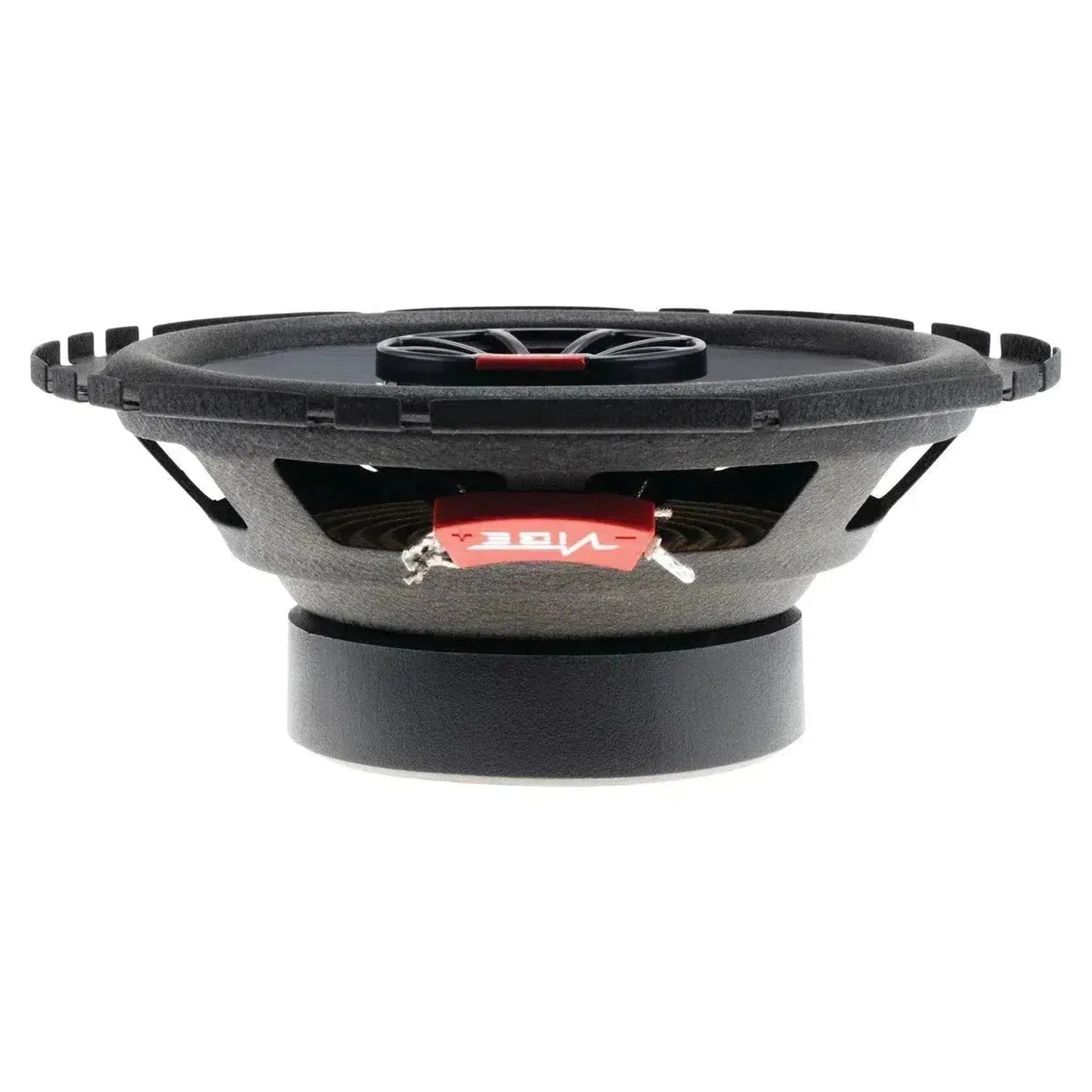 Side view of a Vibe Audio Slick 6-V7 speaker with black round design, red and white label, metal basket frame, and exposed magnet base.