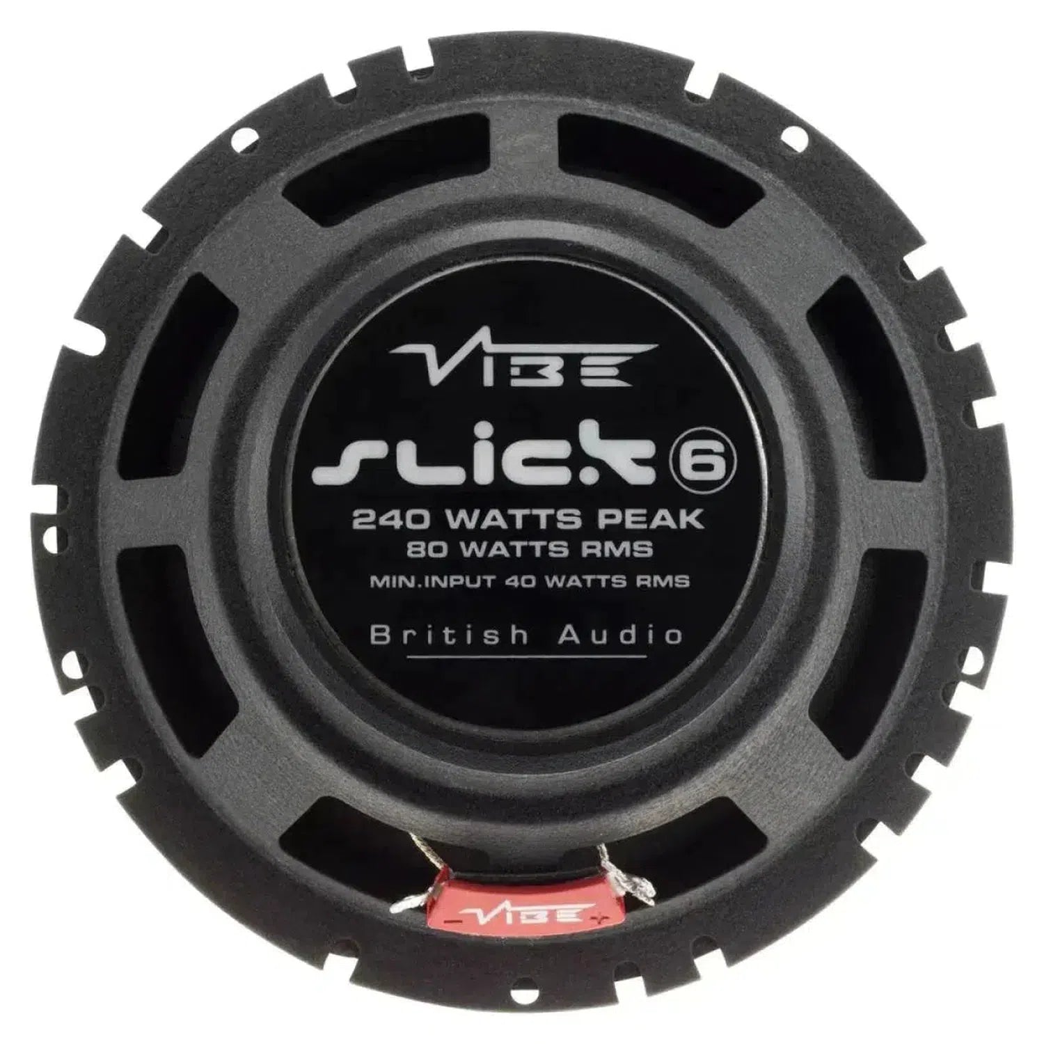 The Vibe Audio Slick 6-V7 is a round black 6.5 coaxial speaker, 240W peak/80W RMS min. input 40W RMS, with British Audio branding in the center.