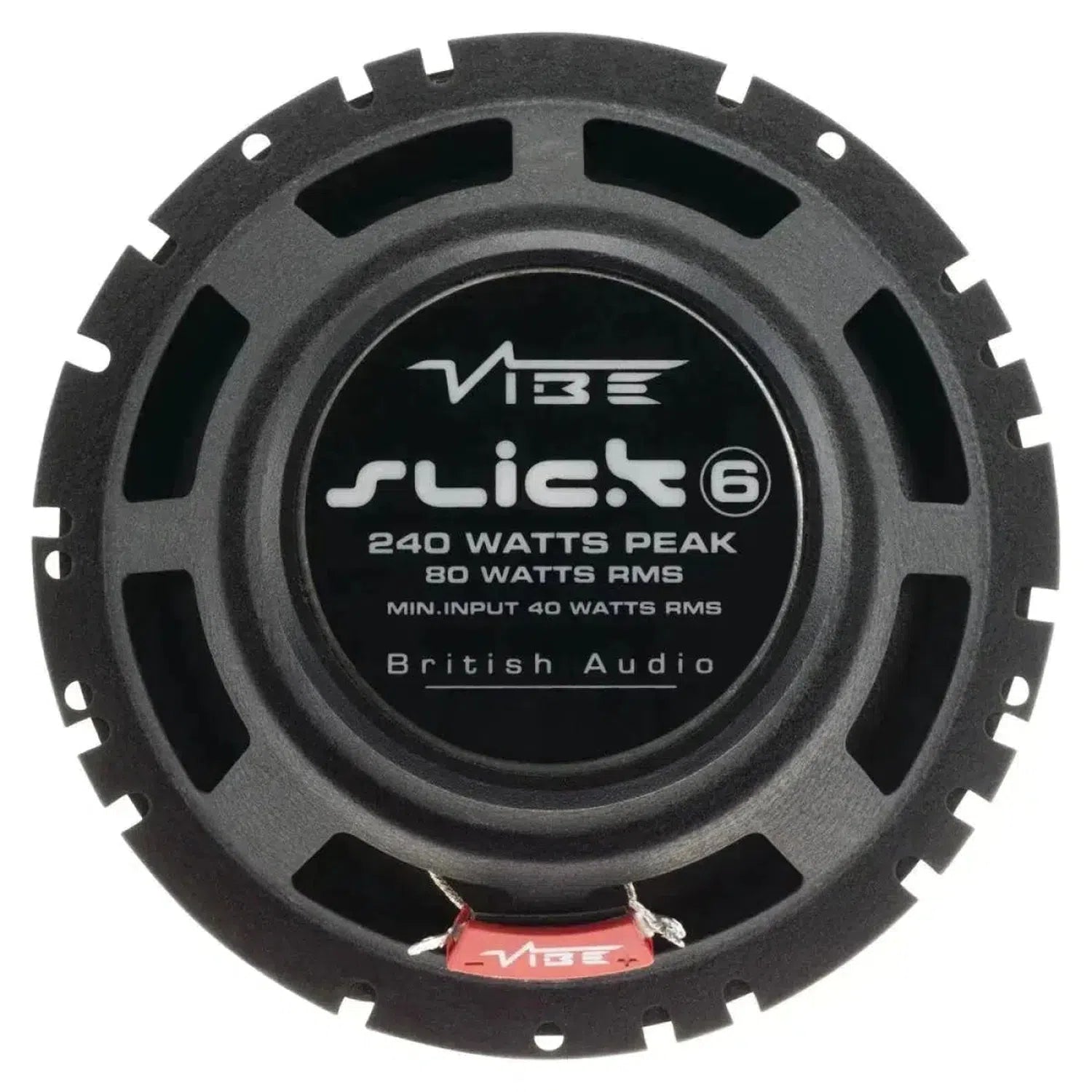 Round black Vibe Audio Slick 6-V7 6.5 coaxial car speaker, 240W Peak/80W RMS, British Audio, top view with connectors at bottom.