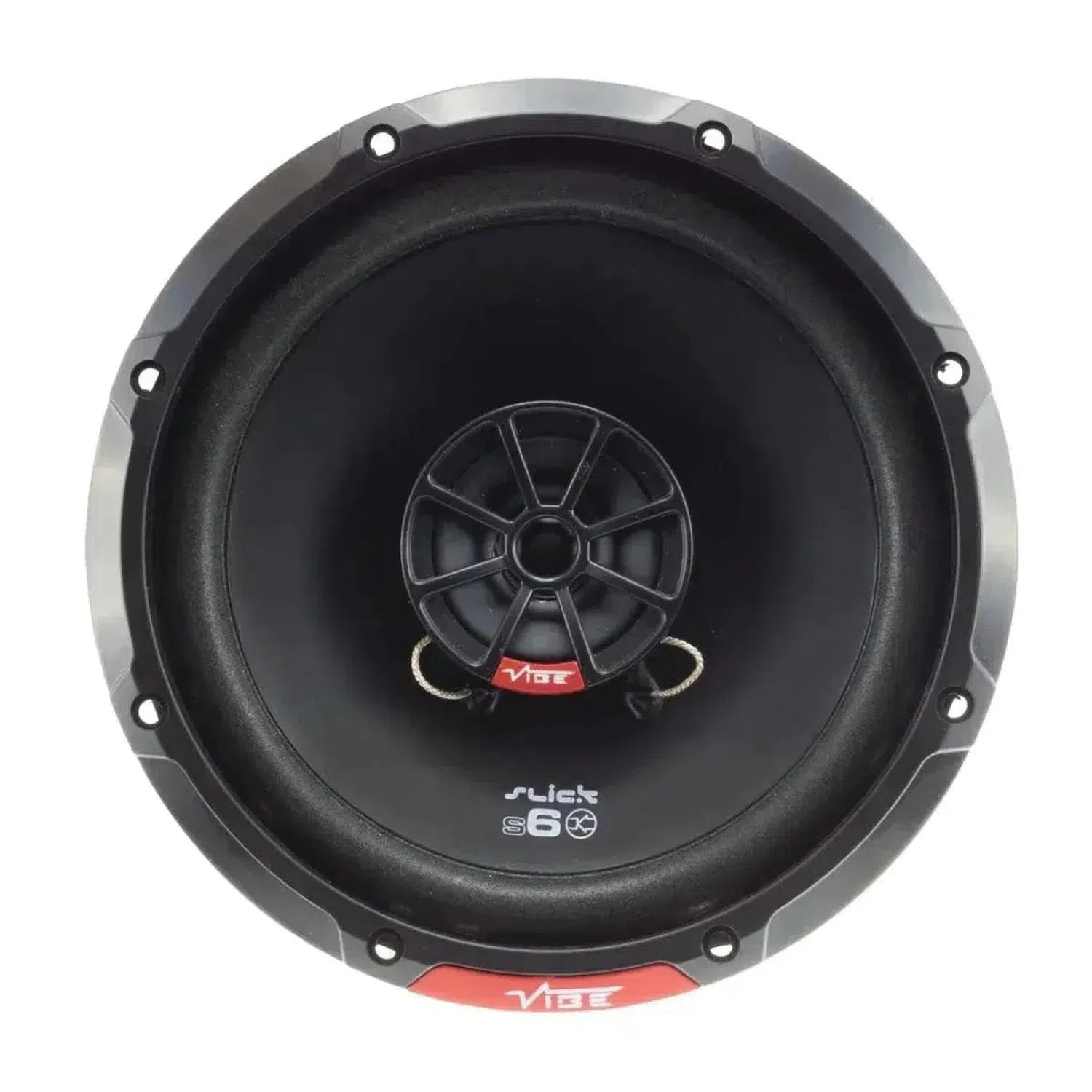 Round black Vibe Audio Slick 6-V7 speaker with red accents and Vibe slick s6 at the center, shown on white. 6.5 Zoll Koaxiallautsprecher for your car.