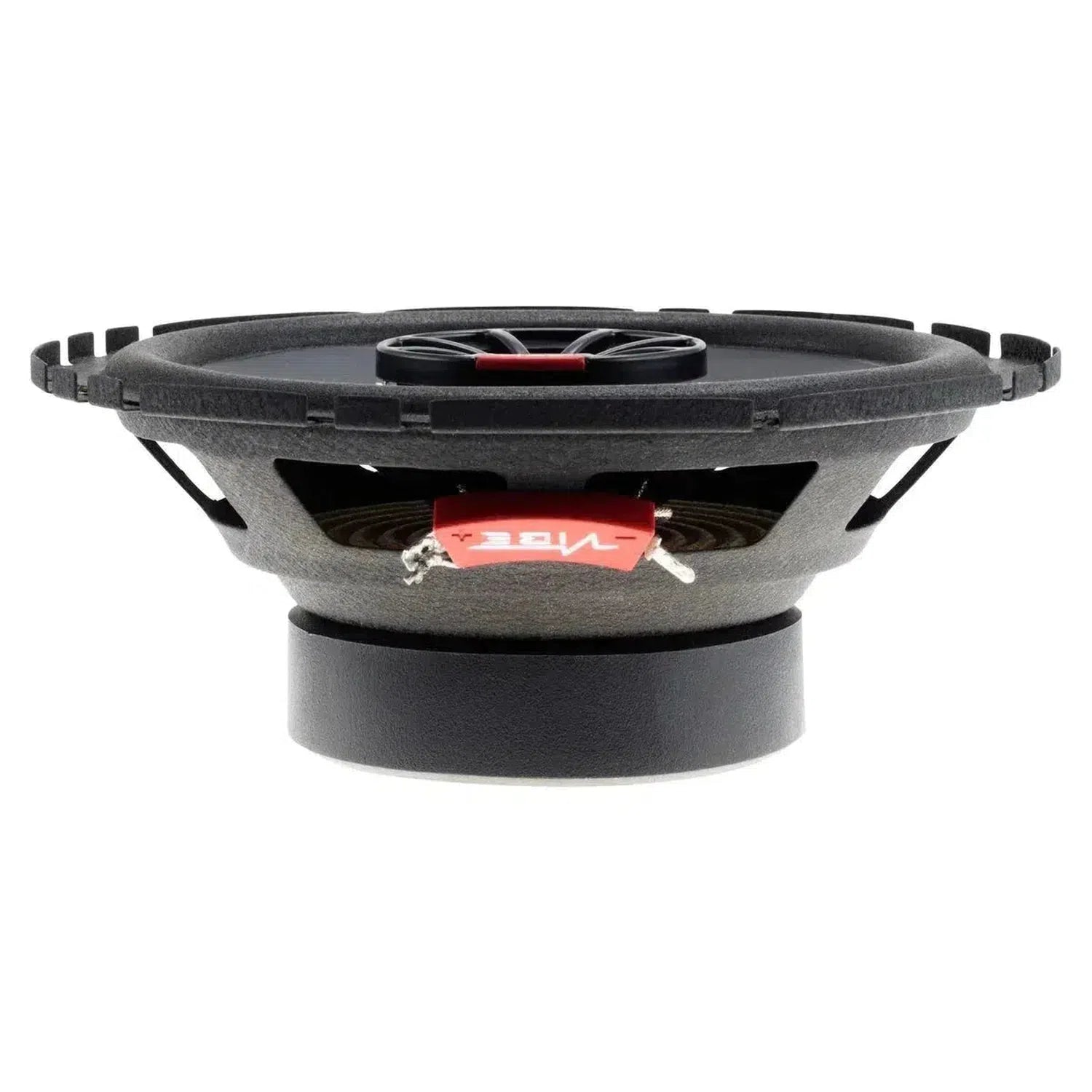 Side view of a Vibe Audio Slick 6-V7 black Lautsprecher with red label, visible metal frame, cone, magnet, and connecting terminals.