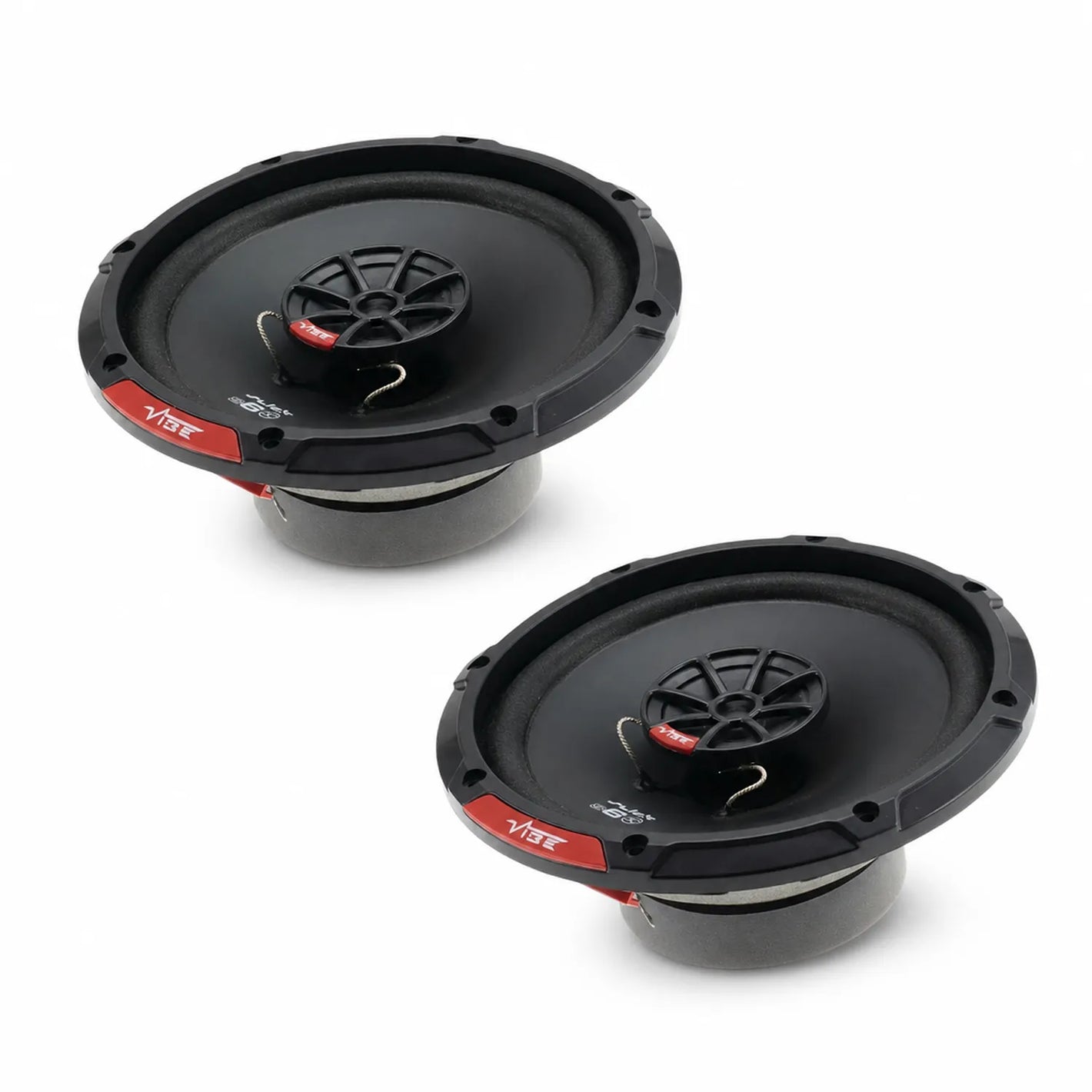 Two round black Vibe Audio Slick 6-V7 speakers with red and white branding, central cones, and visible wiring sit side by side on a white background.
