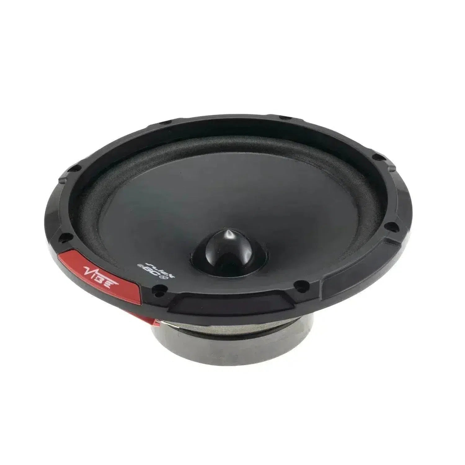 The Vibe Audio Slick 6C-V7 is a black and red round speaker with a metallic center and wide rubber rim, perfect for any 5 Zoll Lautsprecherset.
