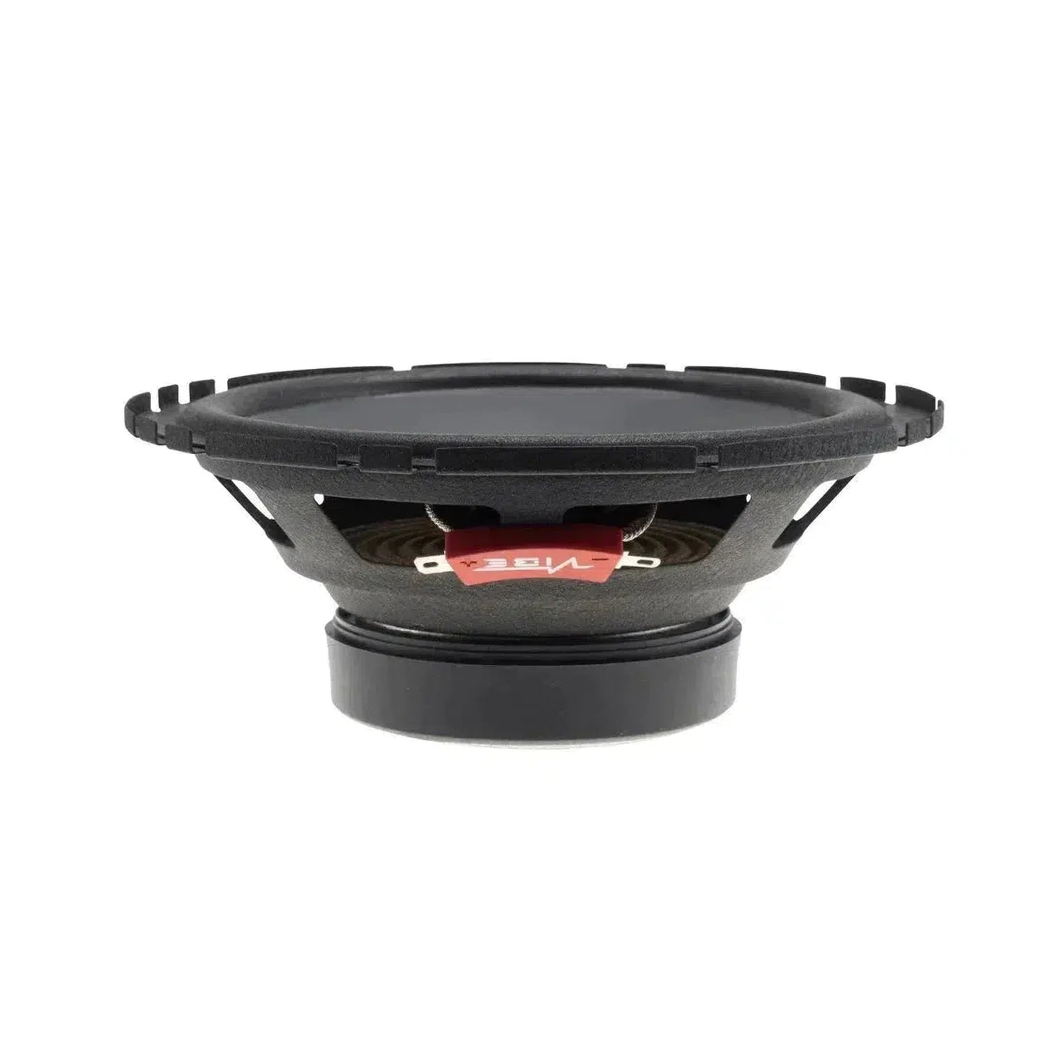Side view of the Vibe Audio Slick 6C-V7 speaker driver in black and red, displaying cone, frame, and magnet—ideal for a 6,5 Zoll Lautsprecherset.