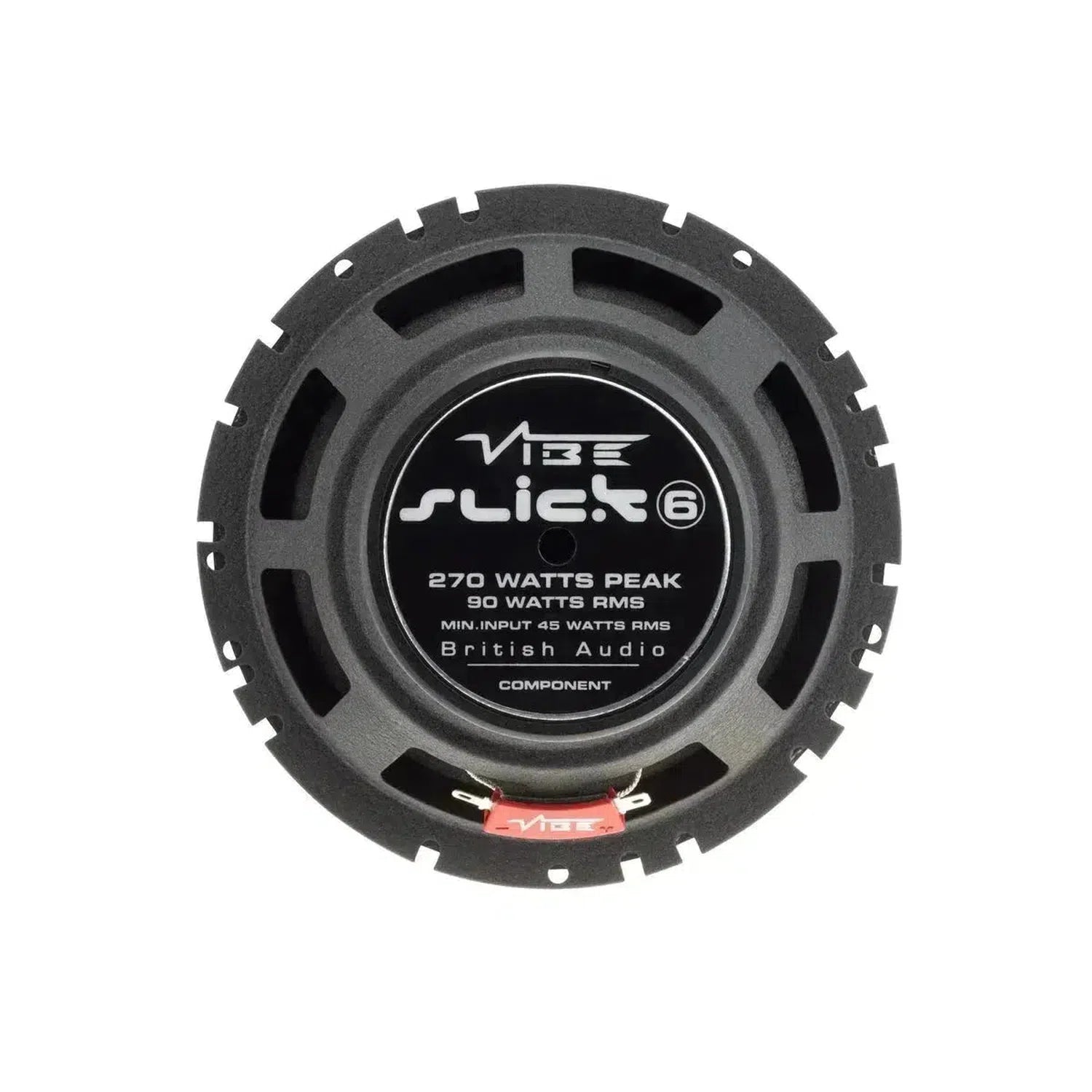 The Vibe Audio Slick 6C-V7 is a round black 2-way car speaker labeled 270W peak, 90W RMS, with British Audio text in the center.