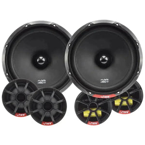 Two large Vibe Audio speakers and six Slick 6C-V7 2-way speakers are arranged on a white background, displaying their front views and circular designs.
