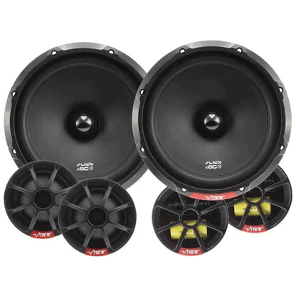 Two large Vibe Audio speakers and six Slick 6C-V7 2-way speakers are arranged on a white background, displaying their front views and circular designs.