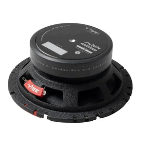 The Vibe Audio Slick 6SQC-V9 subwoofer, round and black with ribbed edges and visible wiring terminal, is ideal for a sound quality upgrade.