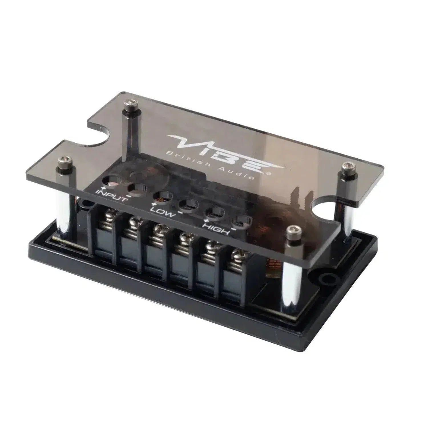 Upgrade your 6.5 Zoll Lautsprecherset with the Vibe Audio Slick 6SQC-V9 rectangular component, featuring clear cover and labeled INPUT, LOW, and HIGH for superior sound quality.