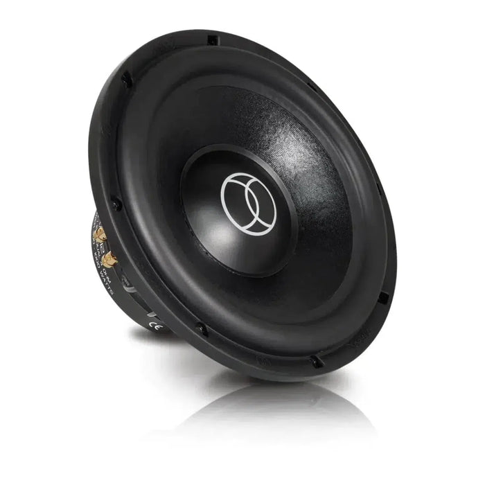 A black Xcelsus Ultra XAS12 12 subwoofer with dual 2x4 Ohm voice coils and a circular center logo, angled slightly left on a white background.