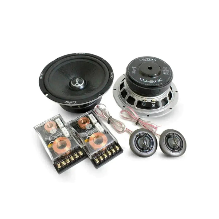 The Xcelsus Ultra XU6.2C set includes two 5 speakers, two tweeters, wiring, and two crossovers, shown on a white background.