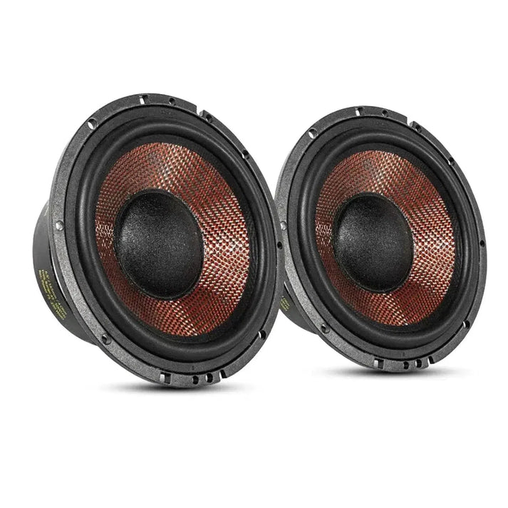Two round, black Xcelsus Xcelsia Competition XXM650 car speakers with 6.5 woofers and carbon-glass fiber cones, angled towards each other on a white background.