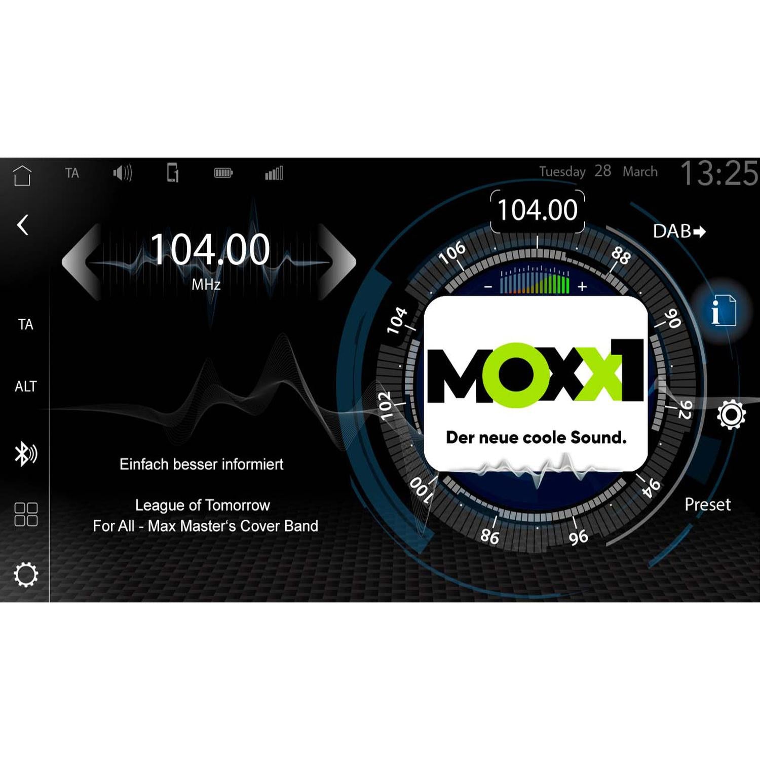 The Zenec Z-N1000 car radio with DAB+ Twin-Tuner tunes to 104.00 MHz, displaying MOXXI: Der neue coole Sound and League of Tomorrow by Max Masters Cover Band.
