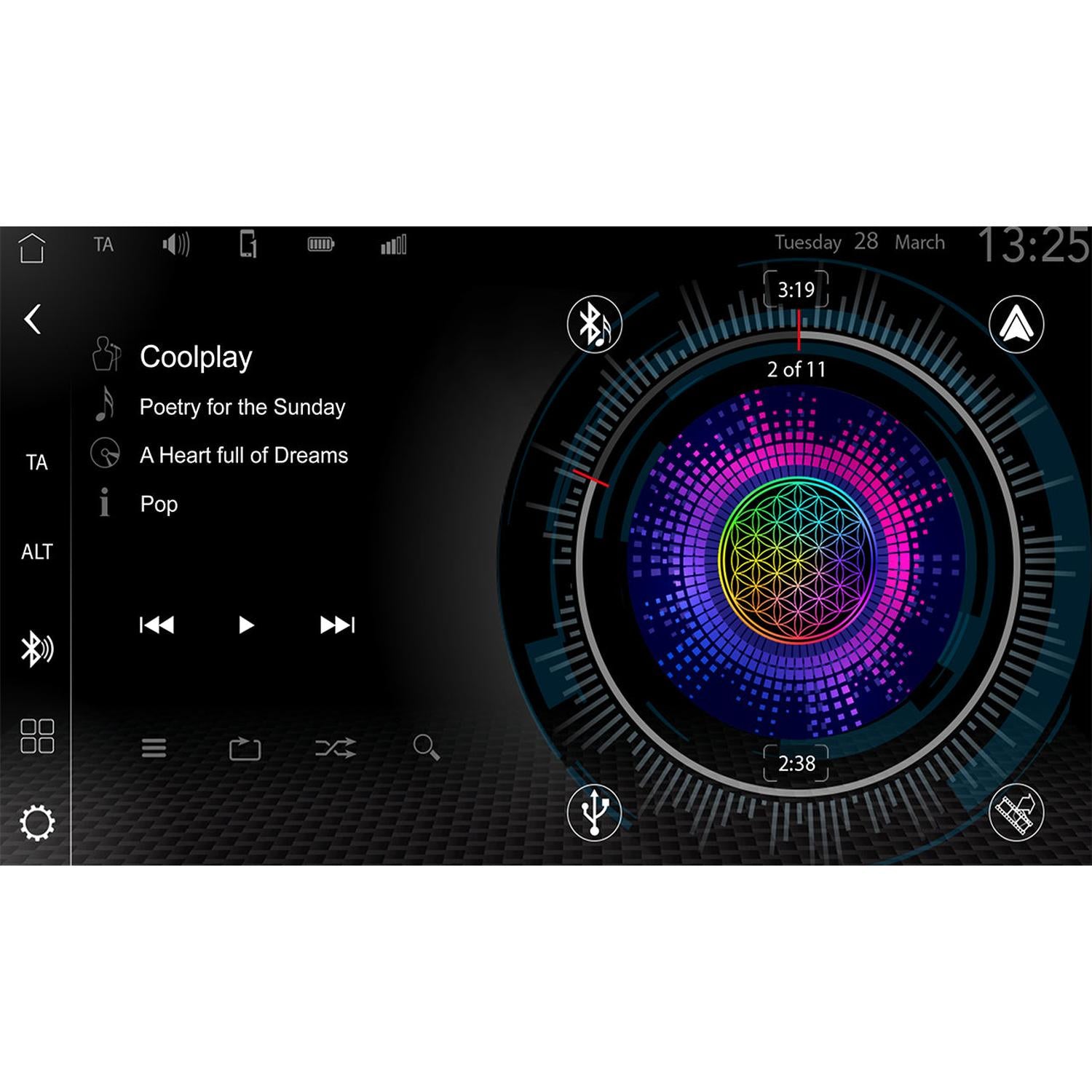 The Zenec Z-N1000 infotainment screen shows DAB+ Twin-Tuner with Coolplay music, colorful graphics, song list, playback controls, and digital time/date.