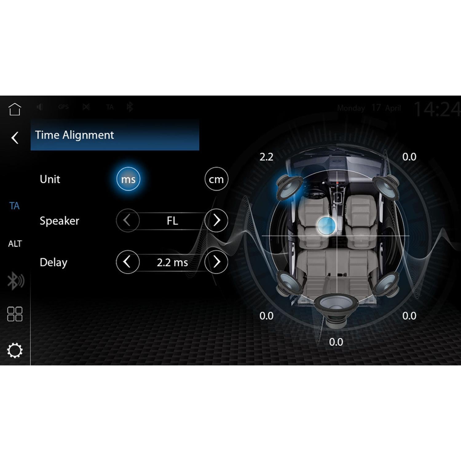 The Zenec Z-N1000 car audio interface displays time alignment, Auto Radio unit ms/cm, speaker selection, delay adjustment, and a car graphic with speaker positions.