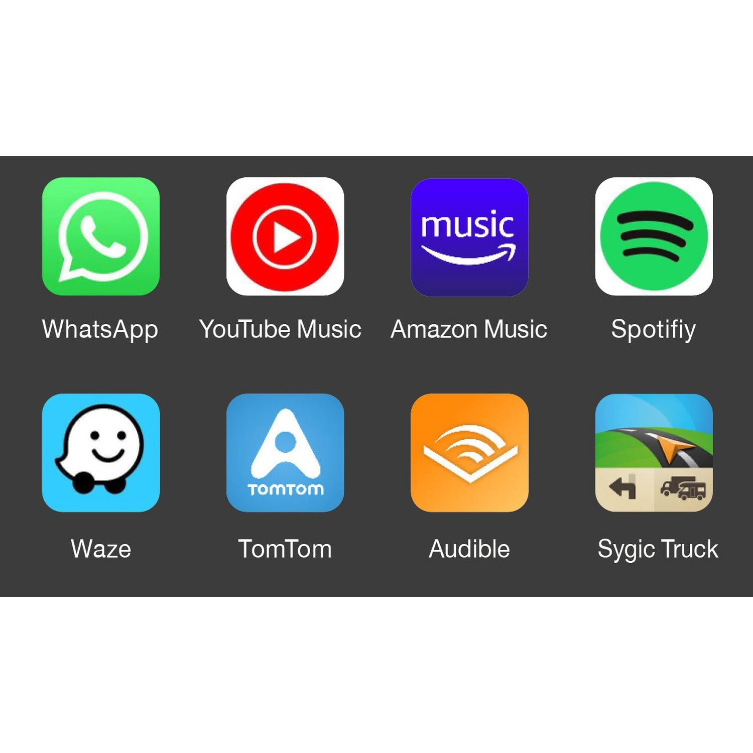 A grid of eight app icons appears on a dark background, ideal for Zenec Z-N1000 Auto Radio users with DAB+ Twin-Tuner or Wireless Apple CarPlay.