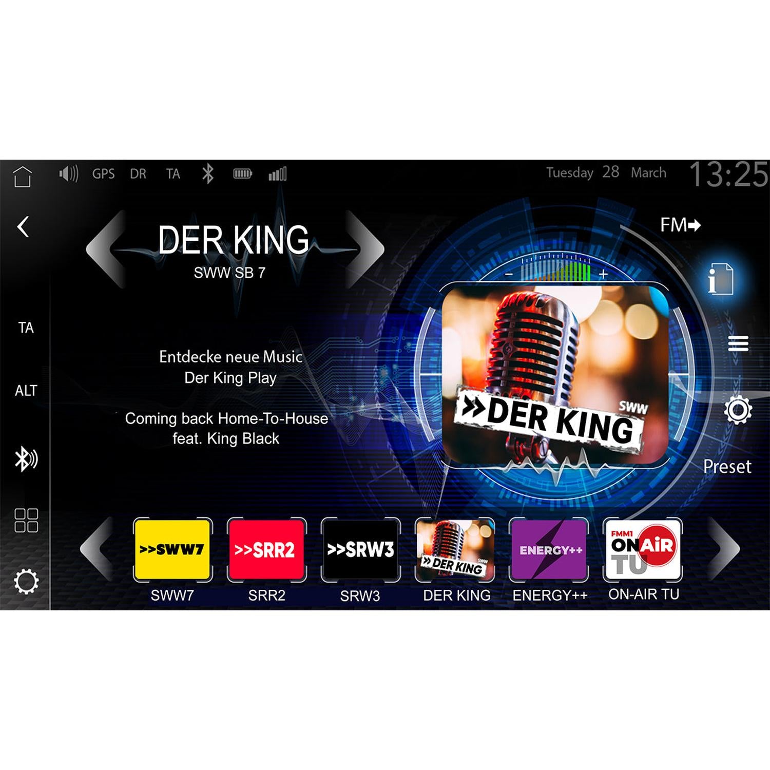 The Zenec Z-N1000 infotainment screen shows Auto Radio’s interface on station DER KING with DAB+ Twin-Tuner. Date: Tuesday, 28 March, 13:25.