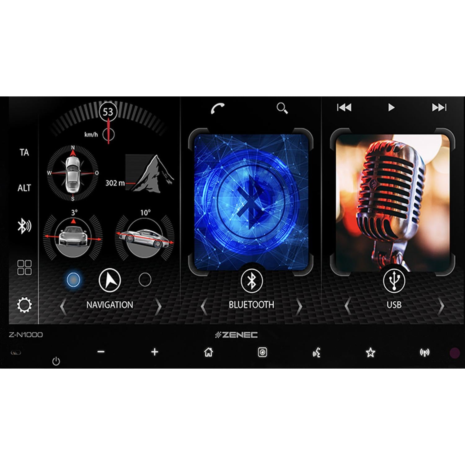 The Zenec Z-N1000 car infotainment system offers navigation, Bluetooth, USB audio, and DAB+ Twin-Tuner radio with clear icons and graphics.