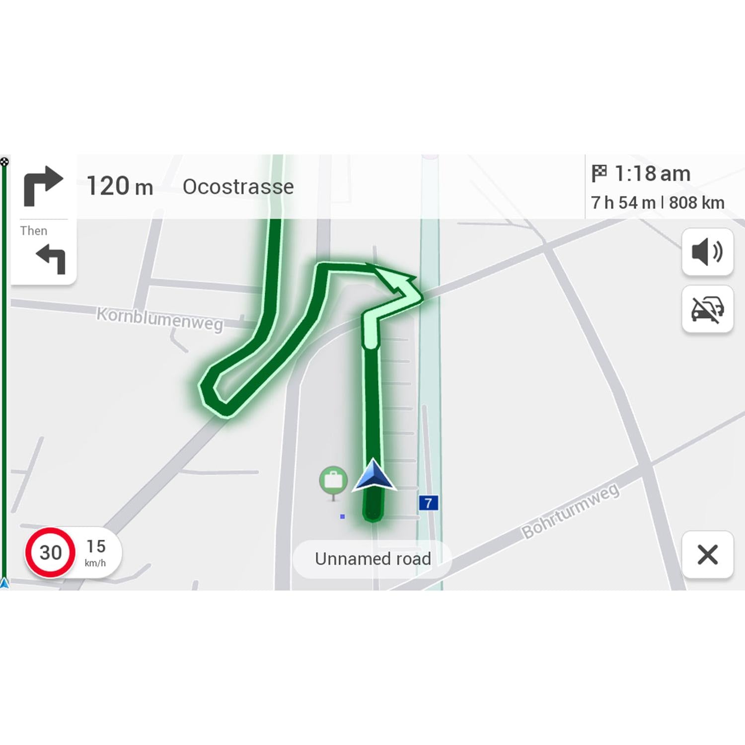 The Zenec Z-N1000’s GPS with Wireless Apple CarPlay guides you along Ocostrasse—120m left, it’s 1:18 am, and your destination is 808 km 7h 54min away.