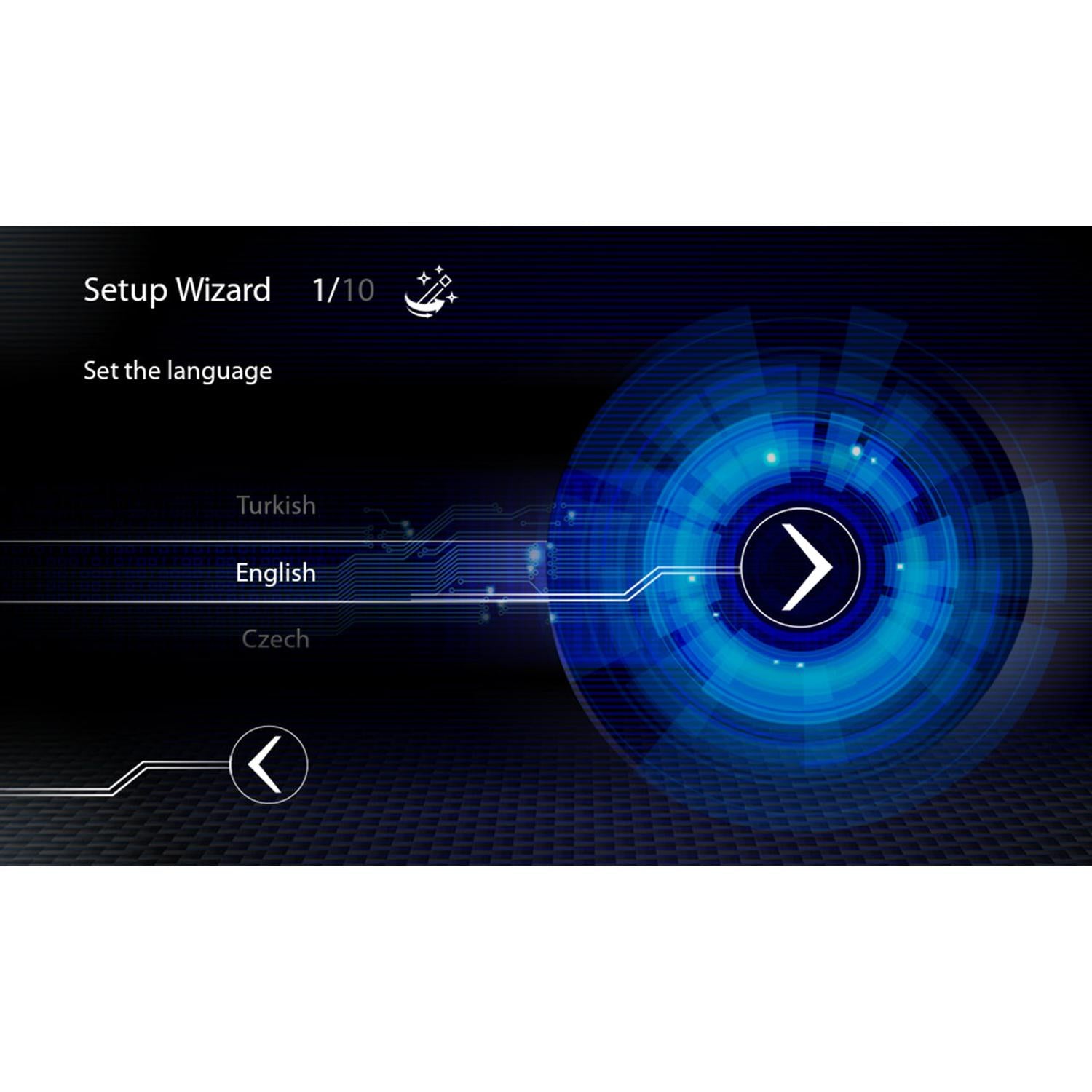 The Z-N1000 by Zenec shows a digital setup wizard with a blue circular graphic, Set the language for your Auto Radio English selected, and forward/back arrows.