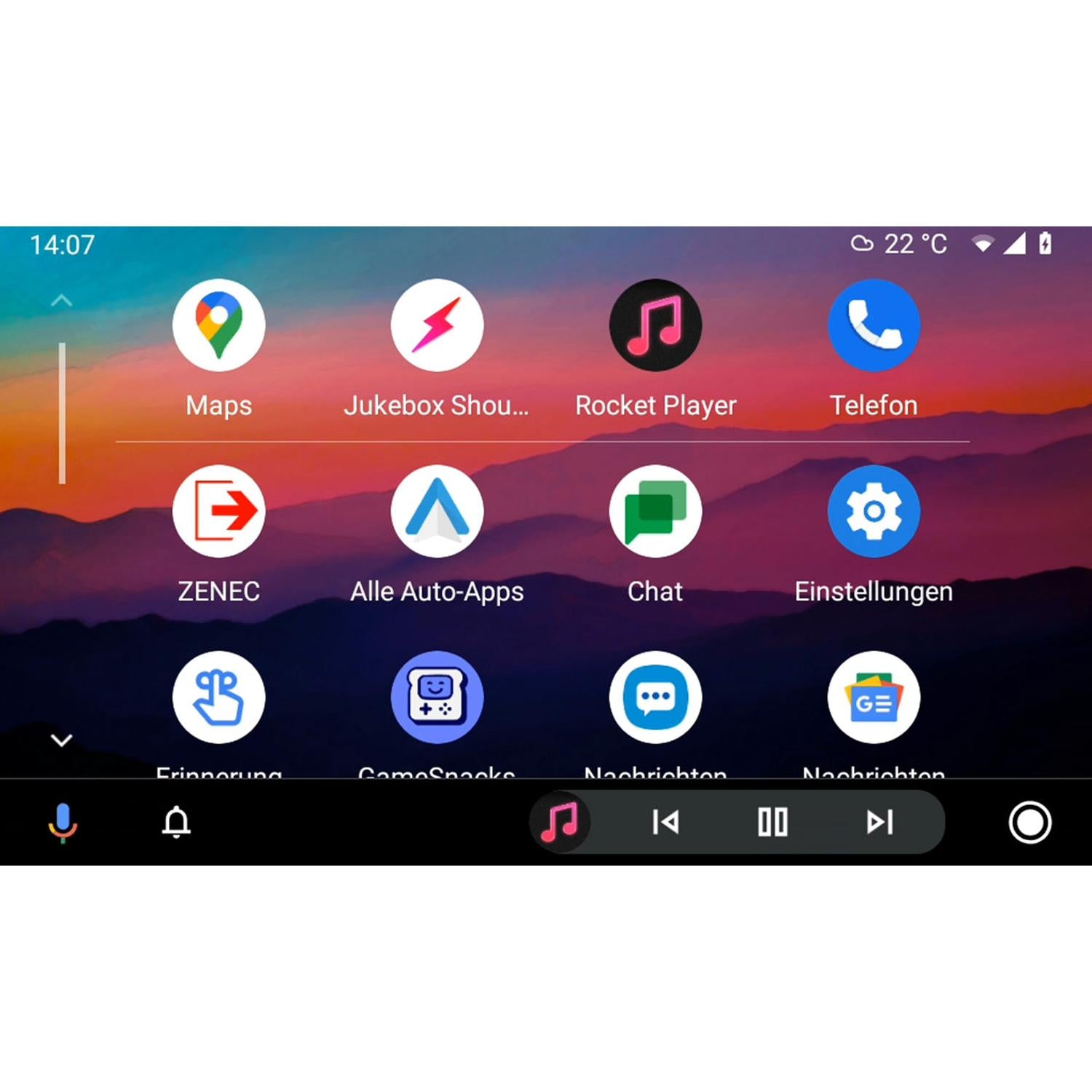 The Zenec Z-N1000 infotainment screen displays Maps, Music, and Chat apps with Wireless Apple CarPlay over a vibrant mountain sunset background.