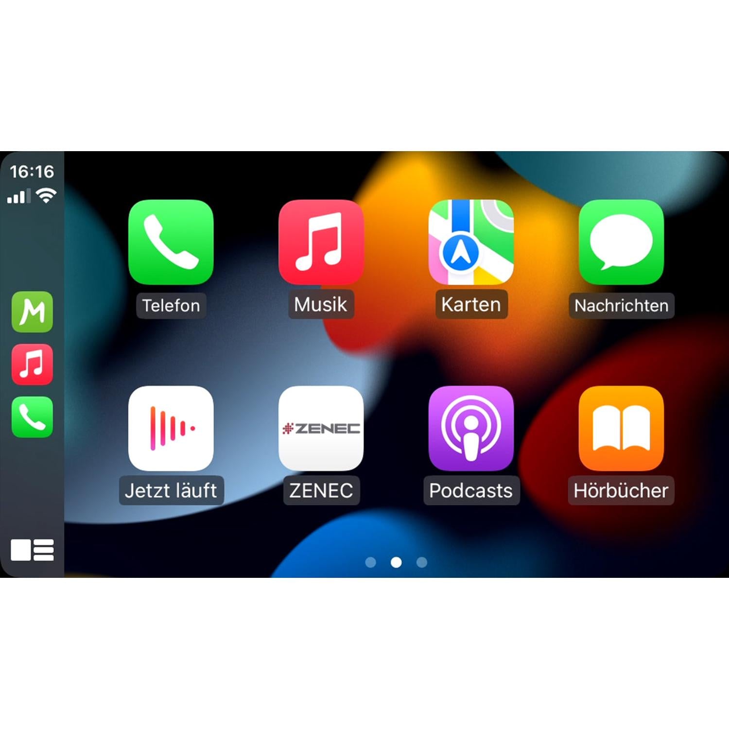 Zenec Z-N1000 car dashboard screen with German app icons, colorful blur, Auto Radio, and Wireless Apple CarPlay for seamless connectivity.