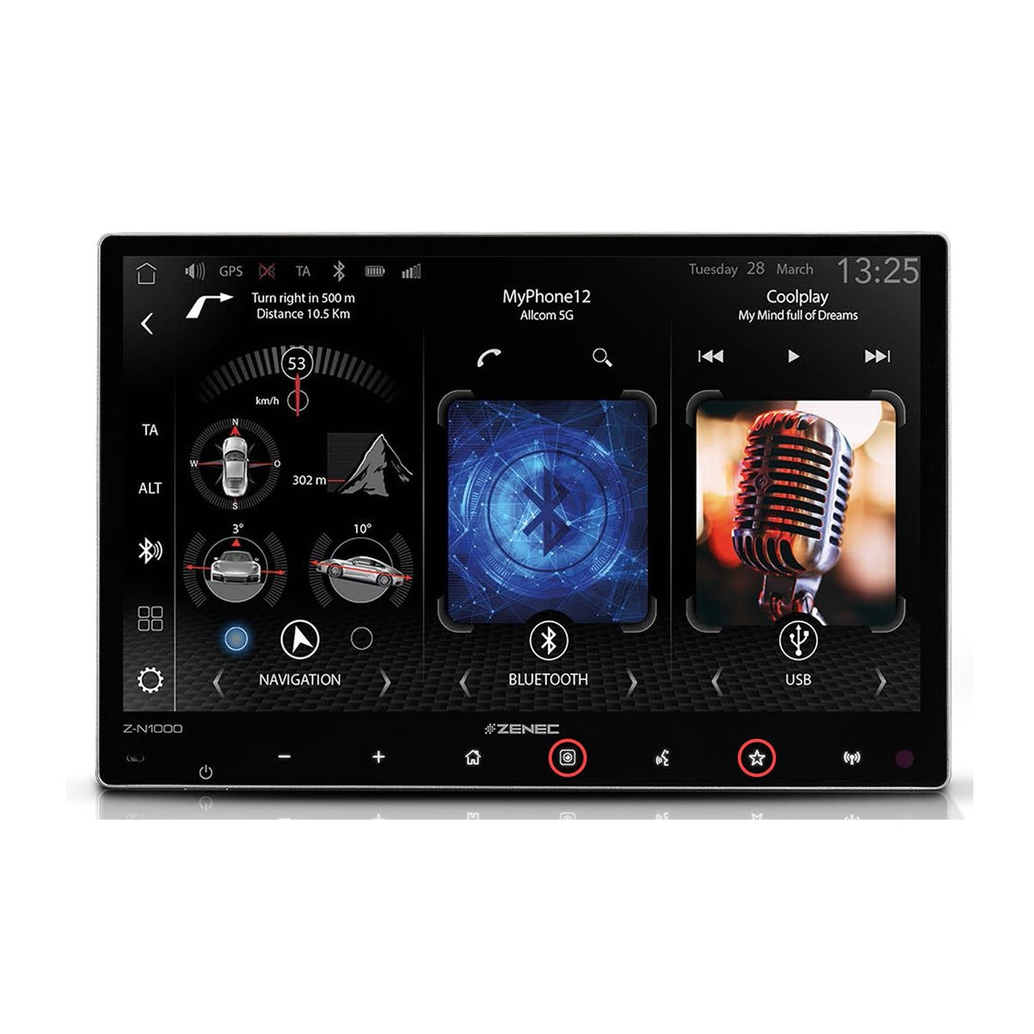 The Zenec Z-N1000 screen shows navigation, Bluetooth, USB music, DAB+ Twin-Tuner radio icons, and a digital clock at 13:25.