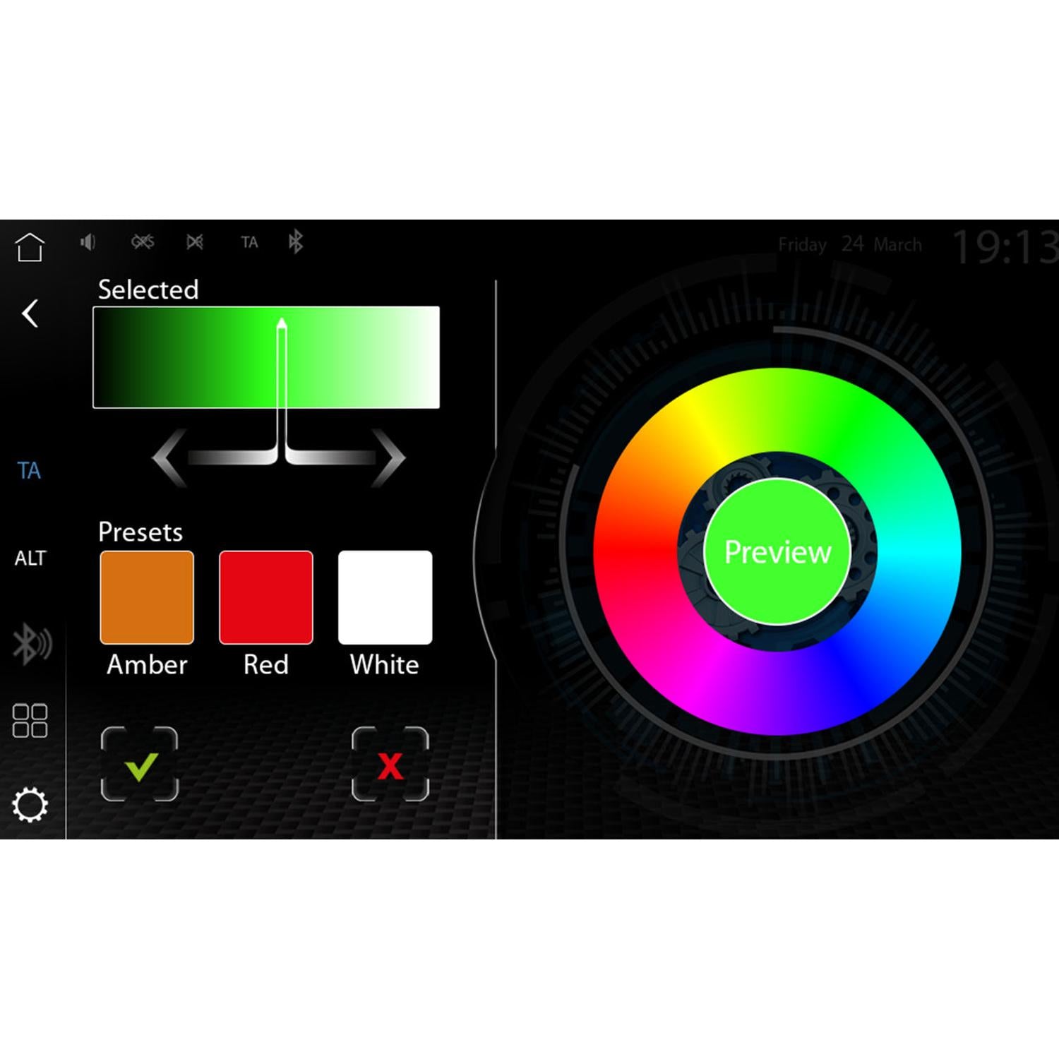 The Zenec Z-N1000 features a touchscreen color selection interface—ideal for Auto Radio—with green gradient, color presets amber, red, white, a circular color wheel, and Preview button.