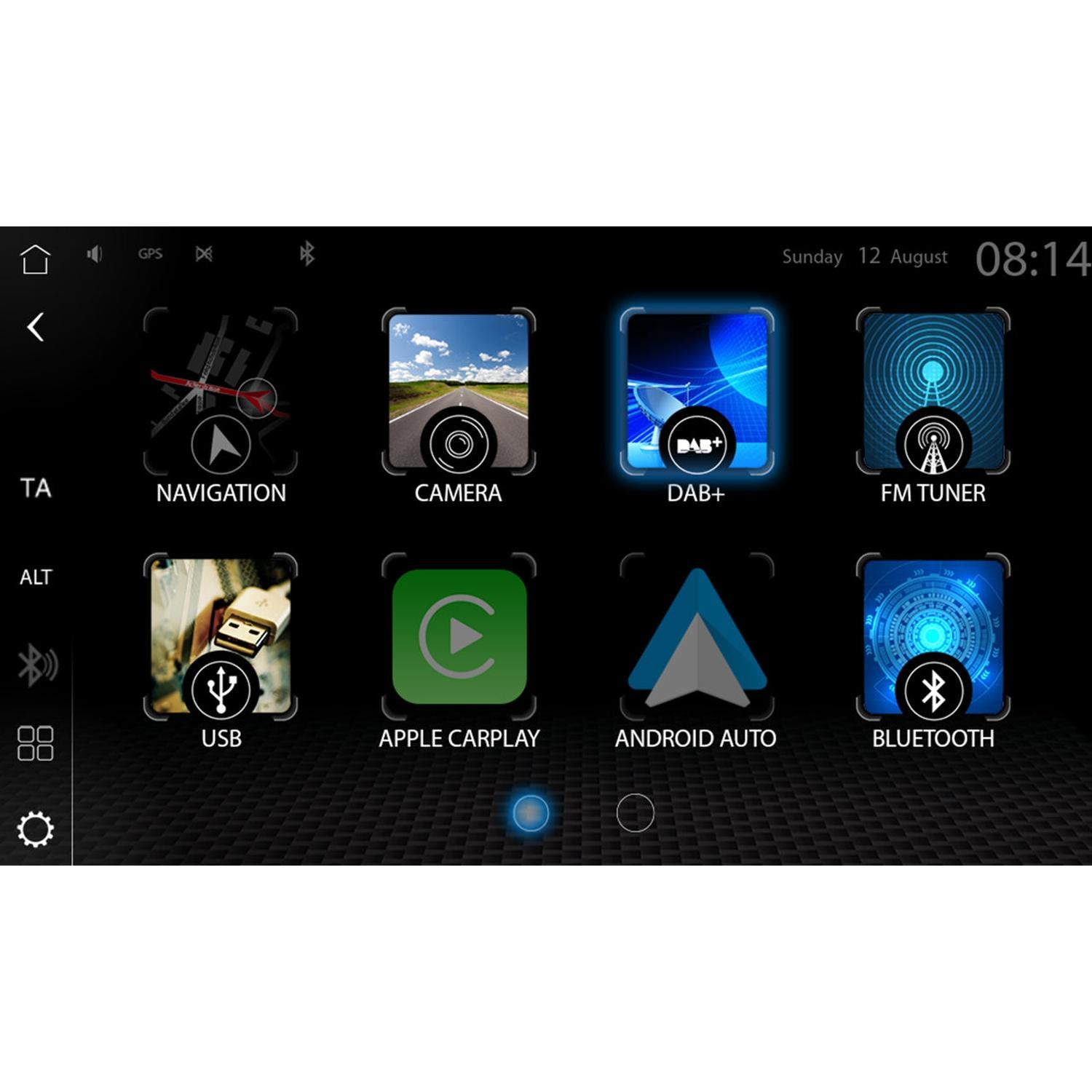 Zenec Z-N1000 infotainment screen showing icons for Navigation, Camera, Wireless CarPlay, DAB+ Twin-Tuner, FM, USB, Android Auto  Bluetooth. Time: 08:14; Date: Sunday 12 Aug.