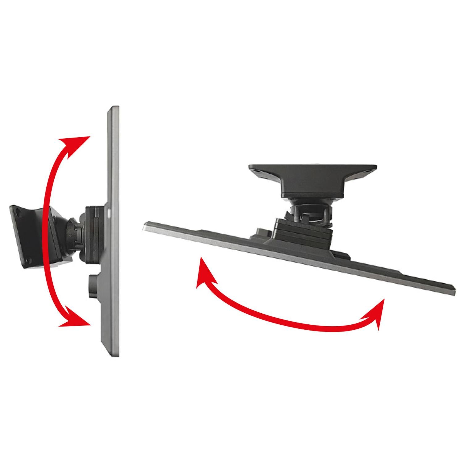 Side views of the Zenec Z-N1000 auto radio monitor mount showing tilt adjustment, with red arrows indicating vertical and horizontal range of motion.