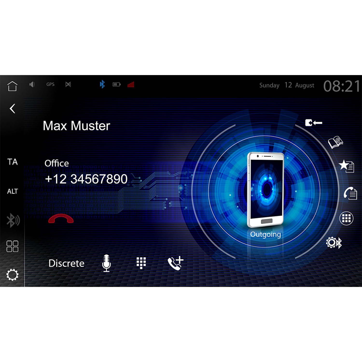 The Zenec Z-N1000 dashboard screen with Wireless Apple CarPlay shows an outgoing call to Max Musters office, digital blue phone graphic, radio icons, and time: 08:21, Sunday 12 August.