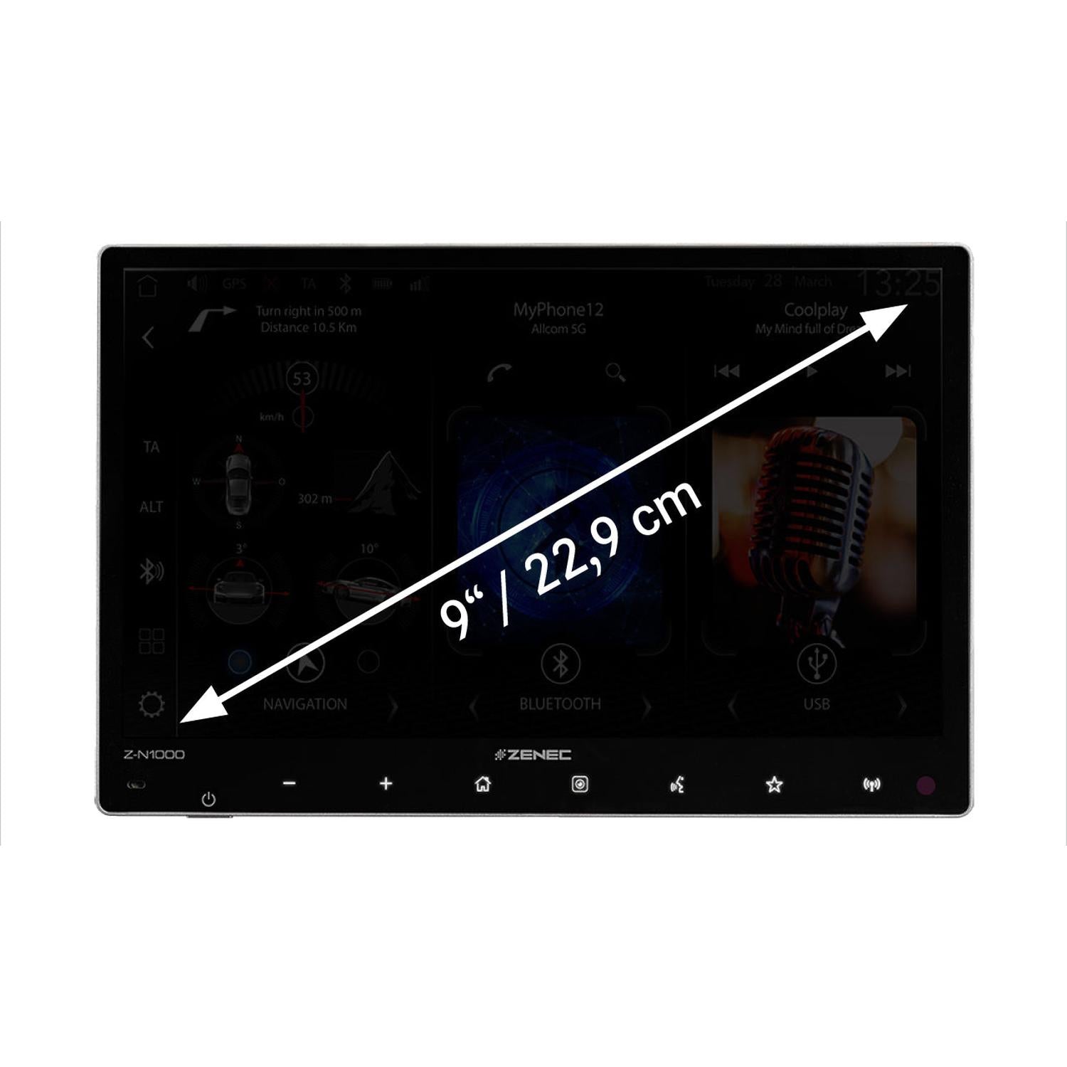 The Zenec Z-N1000 features a 9” 22.9 cm touchscreen display with a diagonal white arrow and supports Wireless Apple CarPlay.