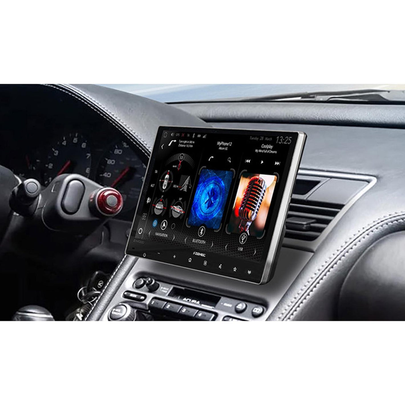 A close-up of the Zenec Z-N1000 car dashboard shows a large touchscreen with Auto Radio, Wireless Apple CarPlay, and navigation options.
