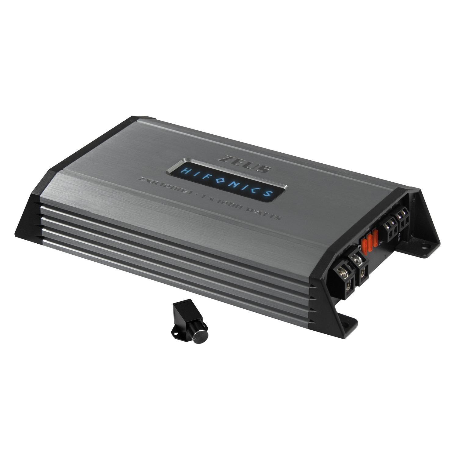 Un amplificador de potencia monobloque Hifonics Zeus ZXR1200/1v2 plateado y negro con puertos unilaterales y un pequeño mando a distancia negro cerca.
