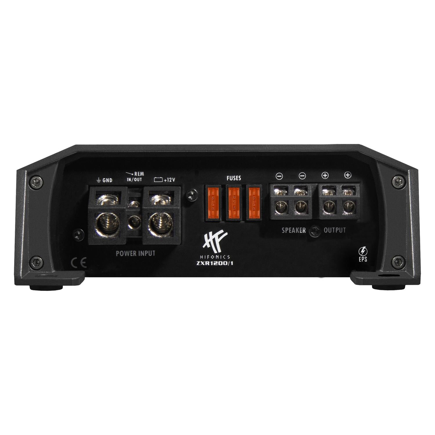 Vista posterior de un amplificador monobloque de clase D Hifonics Zeus ZXR1200/1v2 que muestra la entrada de alimentación, los terminales de salida de los altavoces, las ranuras para fusibles y las etiquetas de conexión.