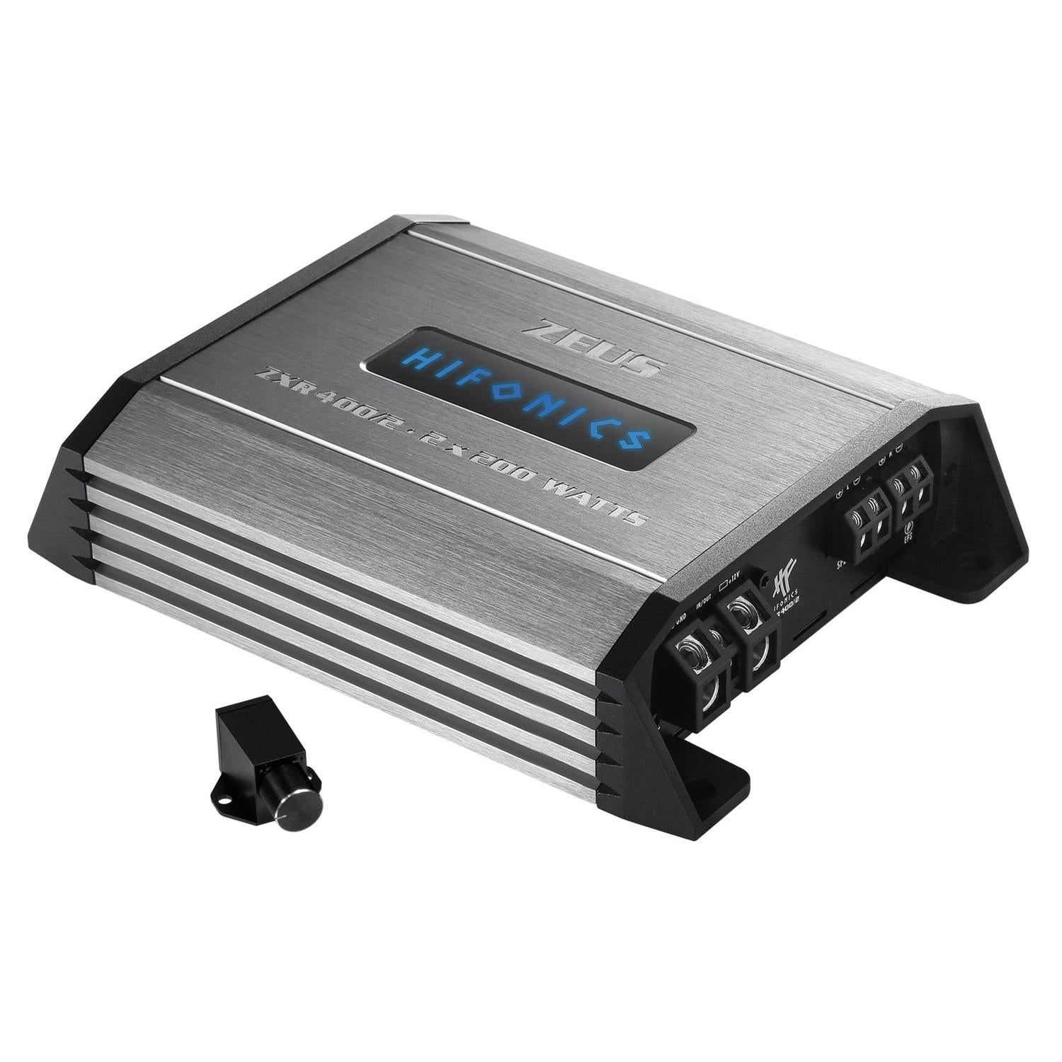 Ein silberner Hifonics Zeus ZXR400/2-Verstärker mit sichtbaren Leistungs- und Lautsprecheranschlüssen mit der Aufschrift ZXN 4006.1 2X 2000 WATTS und einer kleinen schwarzen Fernbedienung daneben.
