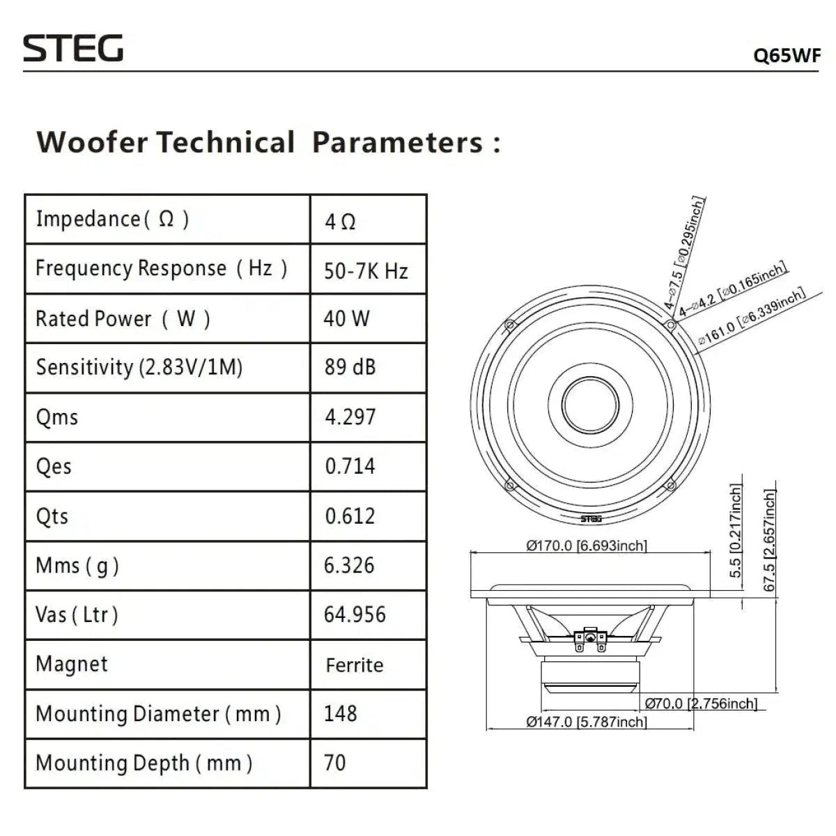 Steg-Q65WF-6.5" (16,5cm) Haut-parleur de grave-médium-Masori.fr