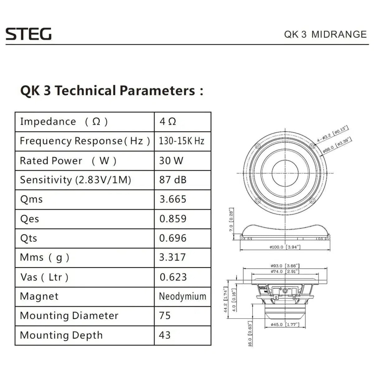 Steg-QK3-3" (8cm) Haut-parleur médium-Masori.fr
